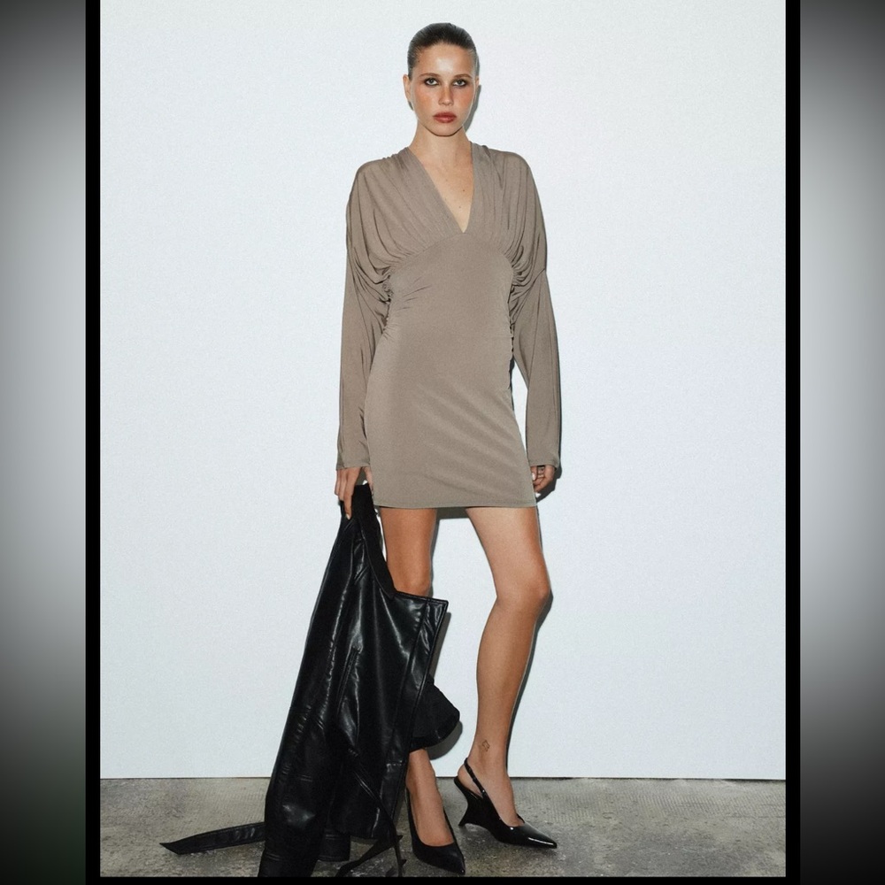 Zara limited edition voluminous Taupe Long-Sleeve Dress with back tie